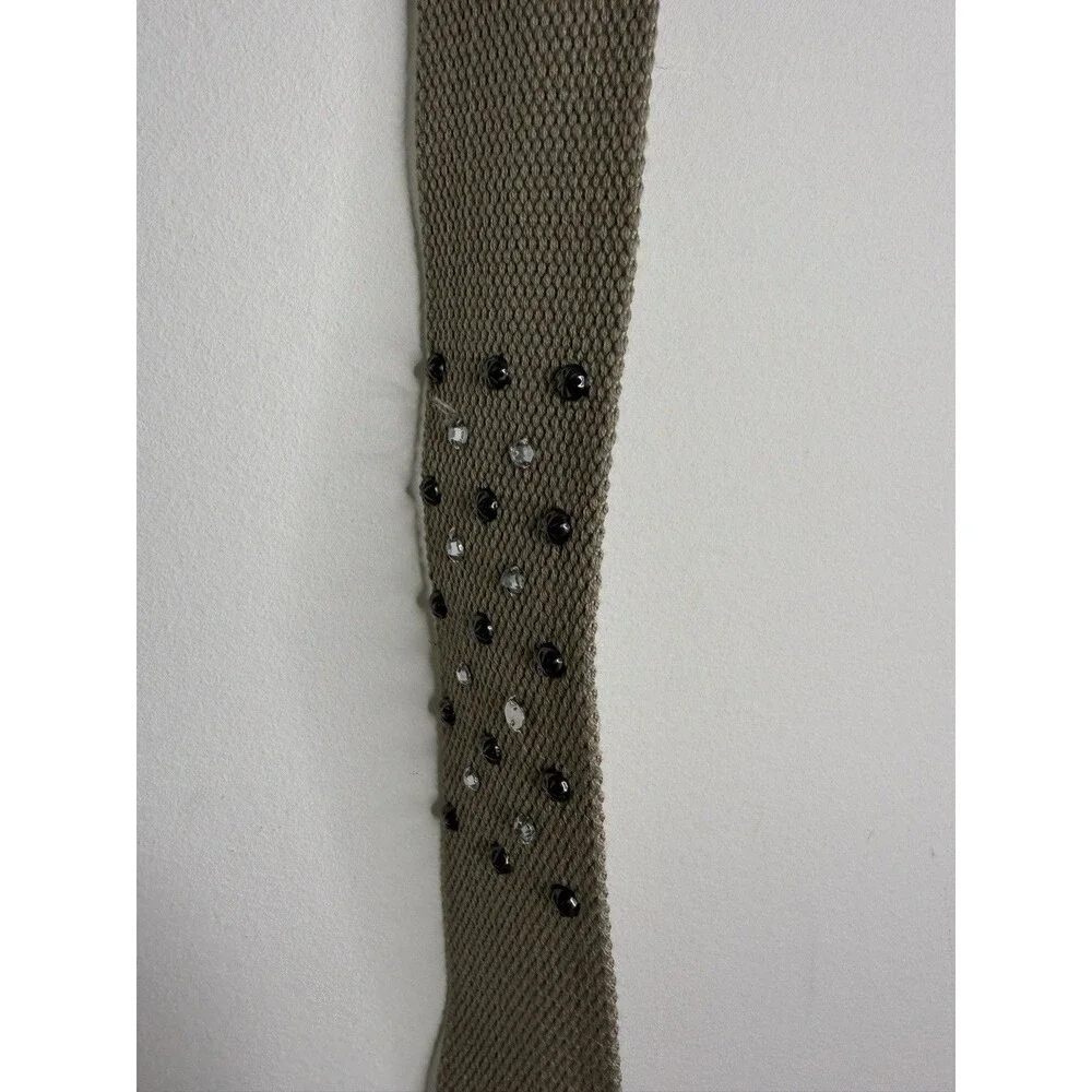 Boho Cotton Canvas Studded Belt Beige Rhinestone Silver Buckle Festival Belt